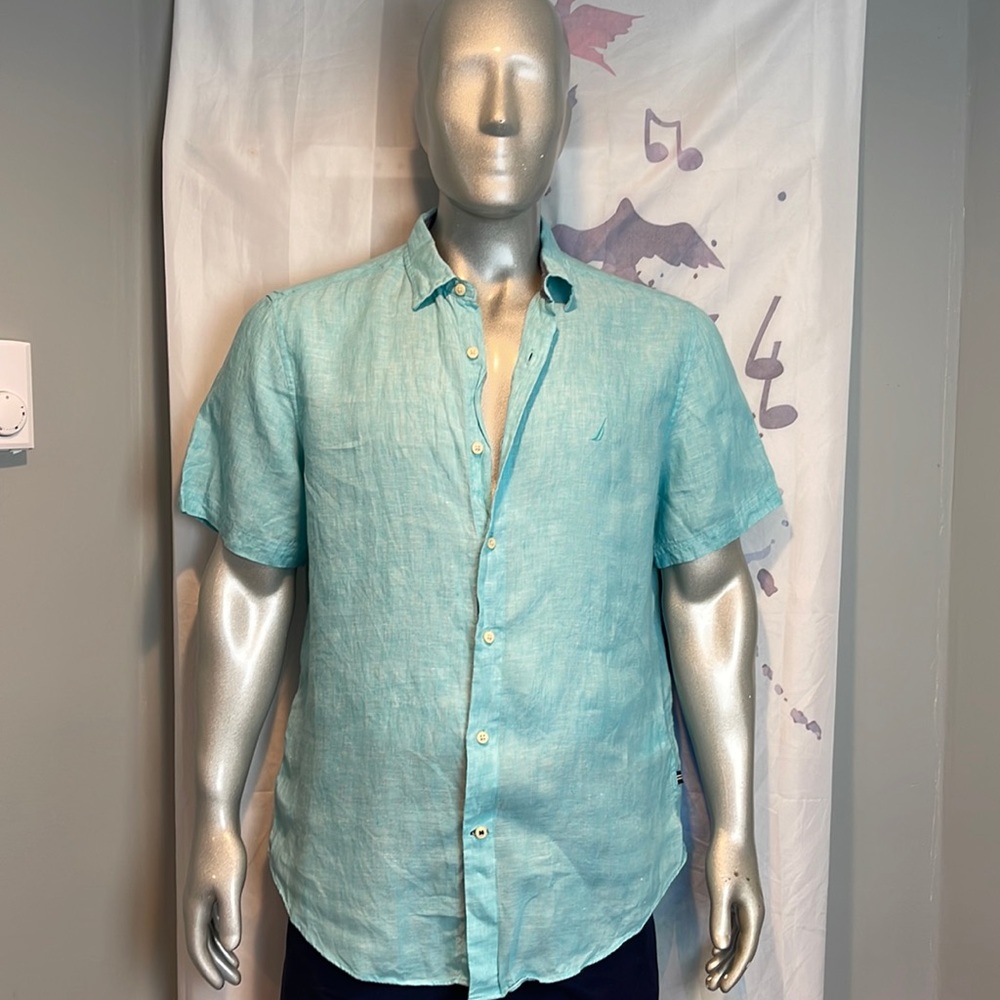 NAUTICA 100% Linen Short Sleeve Angle Blue Classic Fit Shirt Size L